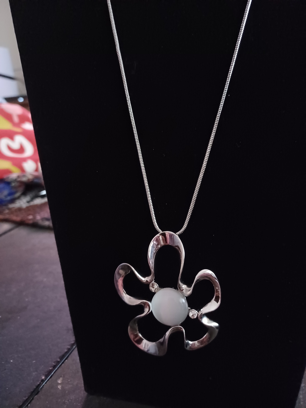 Silver Tone Forget Me Not Flower Pendant Necklace with Glass Moonstone.